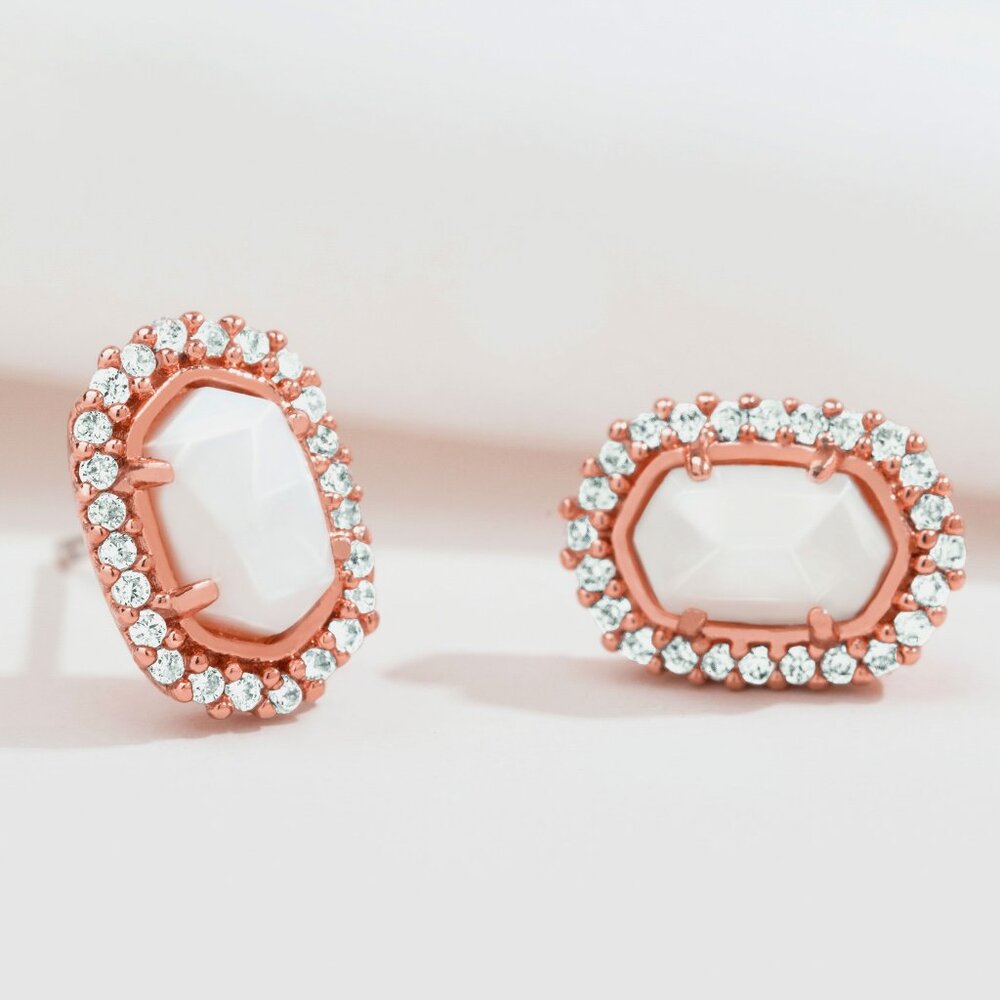 Alicia Bonnie Halo Stud Earrings Rose Gold White Mother of Pearl Octagon Elegant